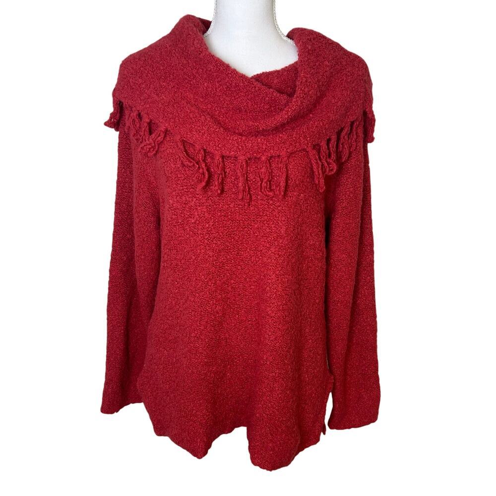 April Cornell red boucle wool blend cowl neck fringe long sleeve sweater L